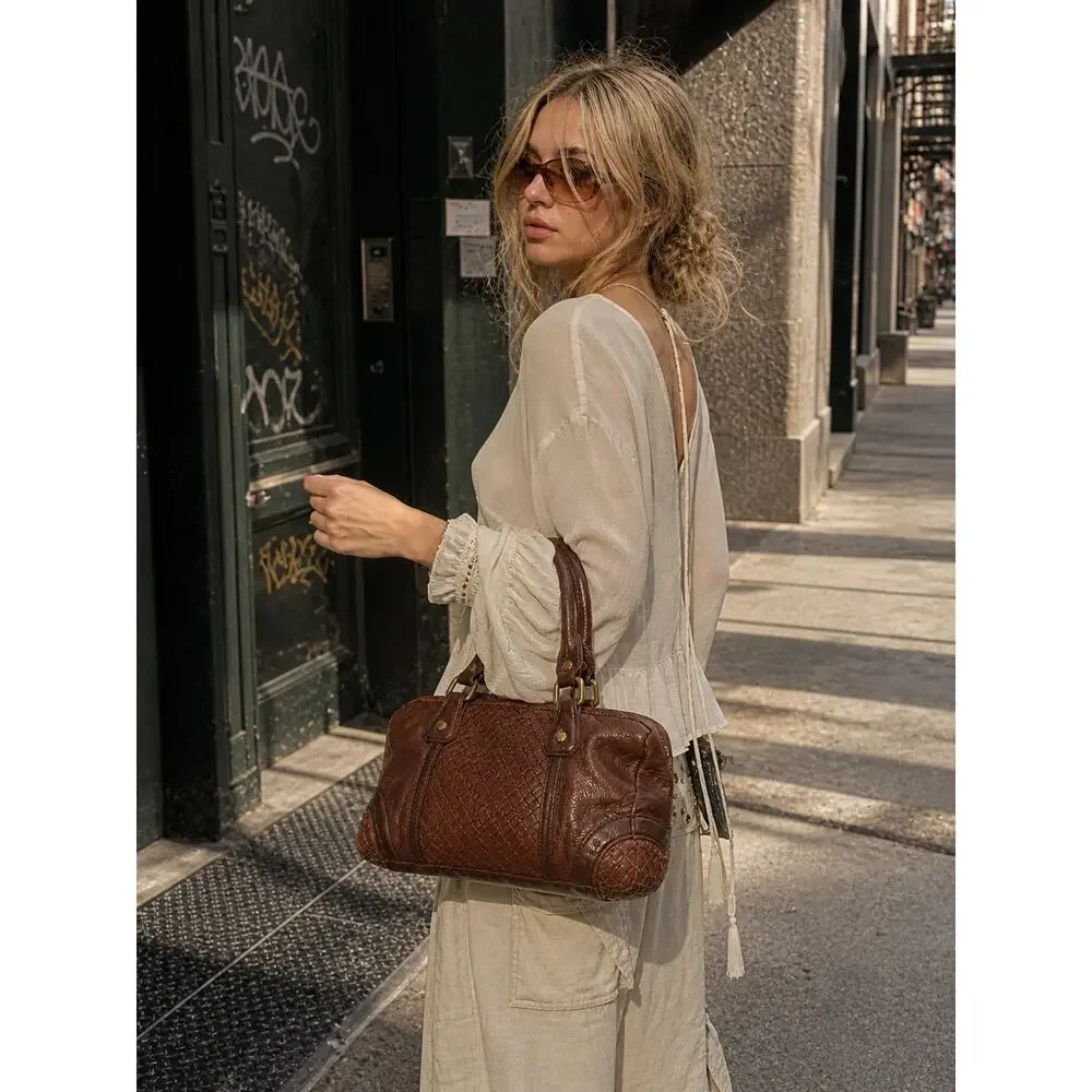Elliot Lucca Brown Leather Satchel Y2K Woven Detail Top Handle Bag